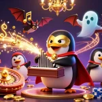 Engage with thrilling moments at jj88net featuring golden coins, an iconic penguin, and casino excitement.