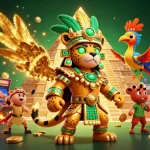 Zbet showcases vibrant slots with a Mayan jaguar priest and quetzal bird in an engaging casino scene.
