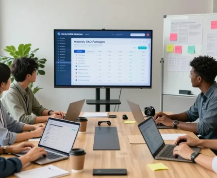 Team analyzing Monthly SEO packages in a modern office, showcasing data-driven strategies.