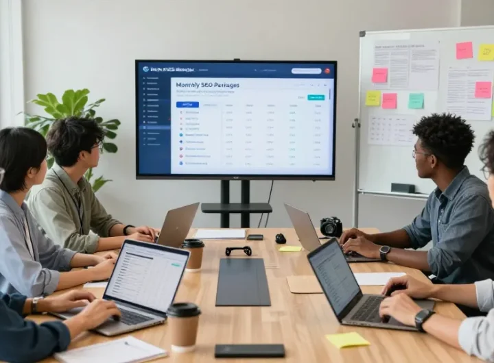 Team analyzing Monthly SEO packages in a modern office, showcasing data-driven strategies.