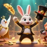 Experience thrilling wins with go88 while a magician rabbit conjures coins and treasures in an exciting casino scene.