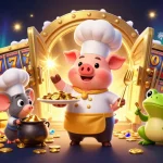 Engage with ko6689's vibrant casino scene, featuring fun characters serving gold coins and showcasing lavish jackpot treasures.