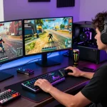 Custom ATK RS6 Air keyboard in an immersive gaming setup with vibrant RGB lights.