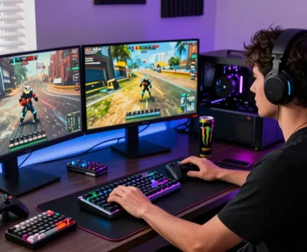 Custom ATK RS6 Air keyboard in an immersive gaming setup with vibrant RGB lights.
