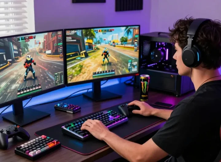 Custom ATK RS6 Air keyboard in an immersive gaming setup with vibrant RGB lights.