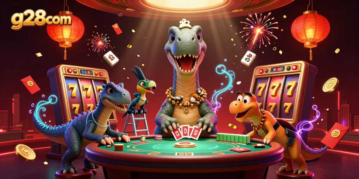 Join the excitement at g28com with a brontosaurus overseeing a thrilling casino atmosphere.