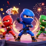 Experience thrilling 9pokies action as chameleon ninjas dominate the rooftop with golden coins and slot games.