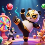 Engage with nổ hũ through an exciting scene of a panda wrestler, vibrant prizes, and lively spectators.