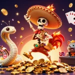 iwin celebrates with a victory dance amidst casino riches and colorful gaming elements