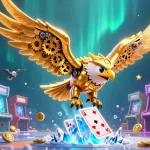 Experience thrilling gaming with QQ88's dynamic casino scene featuring a golden eagle and arcade elements.