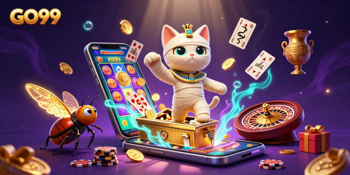 GO99 offers thrilling gameplay as a mummy cat bursts from a sarcophagus in a vibrant casino.