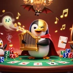 Experience the thrill of u88 with a dynamic casino scene featuring golden coins, poker chips, and a phantom opera penguin.