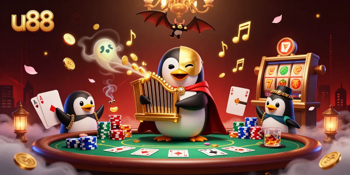 Experience the thrill of u88 with a dynamic casino scene featuring golden coins, poker chips, and a phantom opera penguin.