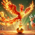 Experience thrilling gaming action at QS88 with fiery phoenixes and an enchanting casino backdrop.