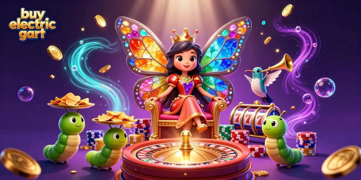 Buy electric golf cart and win with vibrant slot reels and dynamic casino elements in a magical scene.