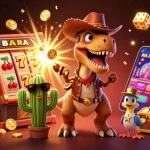 Spin to win with sin88ax as the cowboy T-Rex and friends celebrate a jackpot victory amidst explosive casino elements.