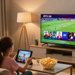 Family enjoying IPTV UK subscription streaming sports and movies in cozy living room.
