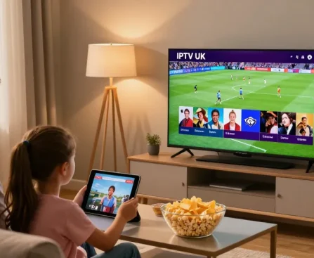 Family enjoying IPTV UK subscription streaming sports and movies in cozy living room.