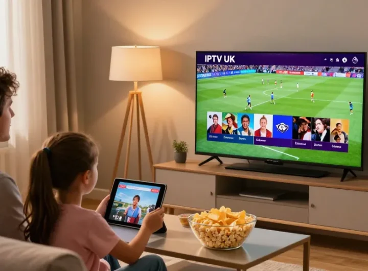 Family enjoying IPTV UK subscription streaming sports and movies in cozy living room.