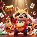 Engage in the thrilling online casino experience with cheerful tanuki surrounded by festive elements.