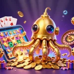 Engage with 98win's underwater adventure featuring a golden kraken amidst riches and gaming excitement.