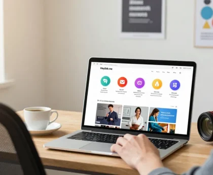Pengguna terlibat dengan platform Heylink.me di laptop, menampilkan GEGESLOT dengan suasana kerja yang cerah dan inspiratif.