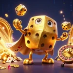 Experience thrilling wins at Go88 with a lively golden dice golem in a dazzling casino scene.