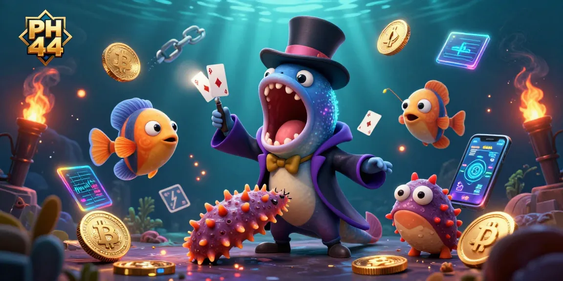 Experience the magic of PH 44 with a vibrant underwater illustration showcasing a deep-sea eel performing gambling card tricks.
