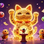 Experience the thrill of winning with vu88's vibrant lottery symbols and a giant lucky cat illustration.