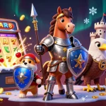 Spin to win at bk8 with a vibrant scene of medieval characters, jackpot machines, and dazzling casino effects.