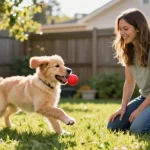 Puppy chasing a ball with owner in backyard, rokok88 playful moment.