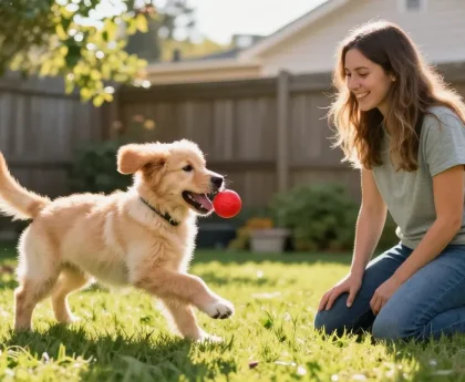 Puppy chasing a ball with owner in backyard, rokok88 playful moment.