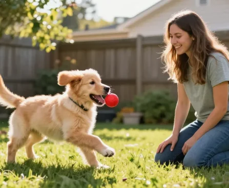 Puppy chasing a ball with owner in backyard, rokok88 playful moment.
