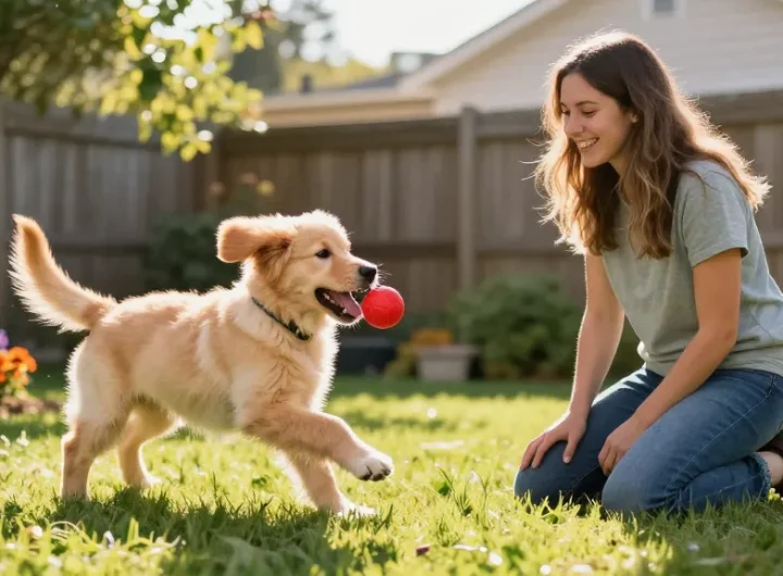 Puppy chasing a ball with owner in backyard, rokok88 playful moment.
