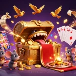Engage in thrilling gameplay at OKVIP, featuring a vibrant illustration of a treasure chest, coins, and casino elements.