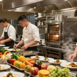Preparing gourmet dishes with professional catering equipment in a busy restaurant kitchen.
