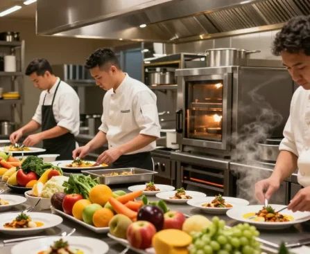 Preparing gourmet dishes with professional catering equipment in a busy restaurant kitchen.