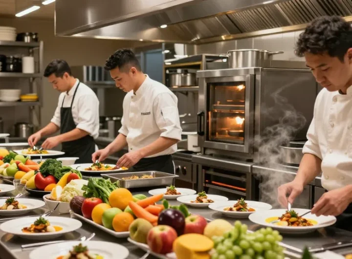 Preparing gourmet dishes with professional catering equipment in a busy restaurant kitchen.