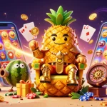 Engage with 11WIN's vibrant casino scene featuring a golden pineapple king and exciting game elements.