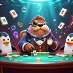 Experience the thrill of poker at XO88 with a jolly walrus, penguin dealer, and bluffing pufferfish.