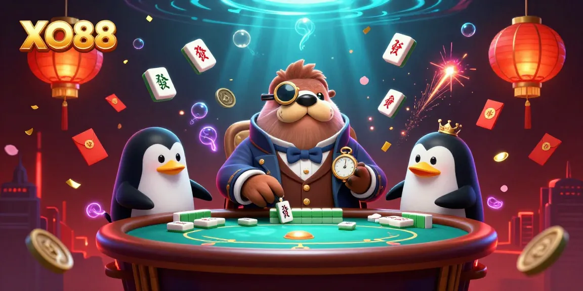 Experience the thrill of poker at XO88 with a jolly walrus, penguin dealer, and bluffing pufferfish.