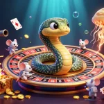 Experience thrilling bets at bj888 with cartoon characters in an engaging cosmic casino scene.