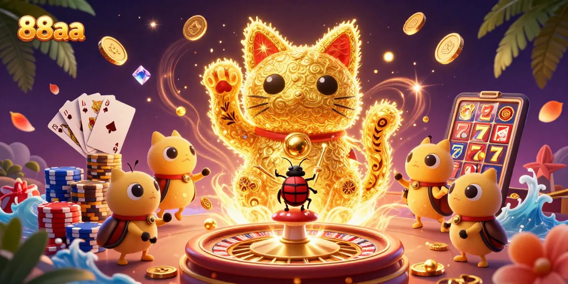Experience the luck of 88aa with a vibrant 3D casino scene featuring golden fireflies and interactive elements.