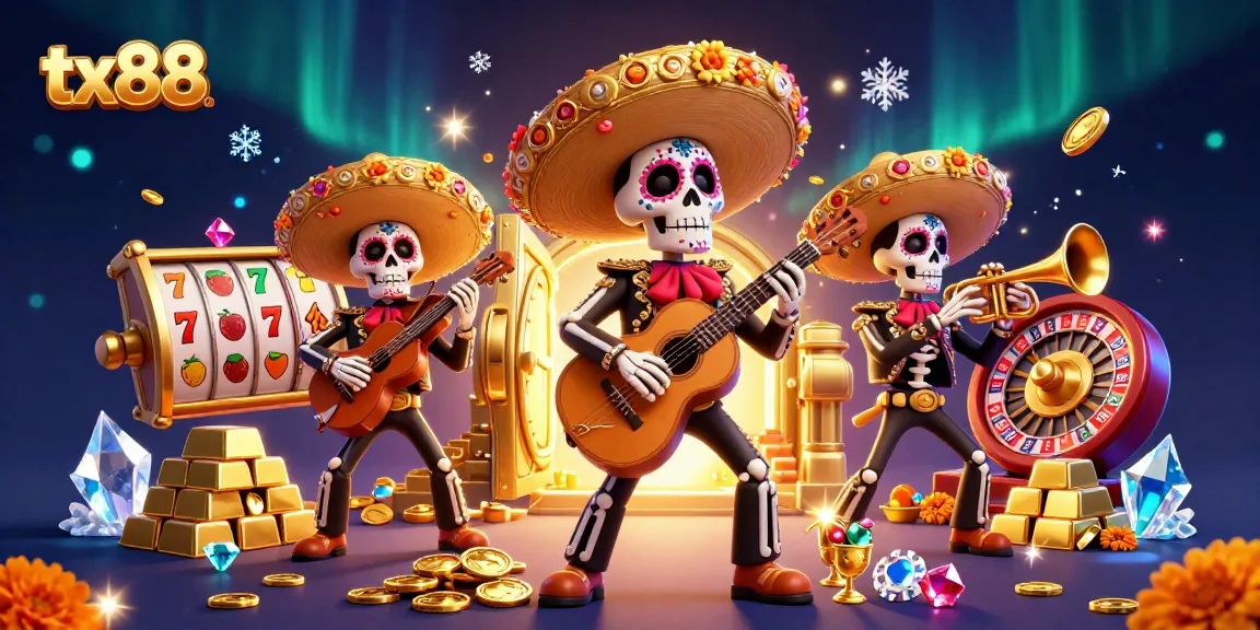 Win big at tx88 with festive characters and vibrant casino elements surrounding a lively scene.