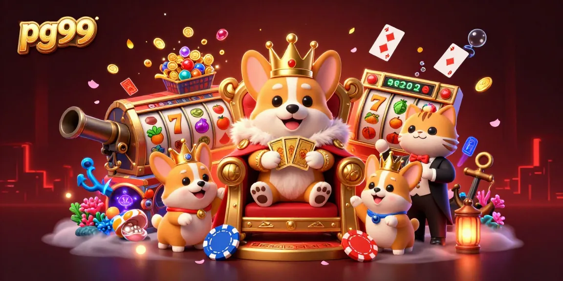 pg99 presents an exciting cartoon scene with a royal corgi and playful casino elements, enhancing the gaming experience.