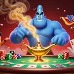 Experience the U31 magic with a dynamic casino illustration featuring a genie, monkey, and poker elements.