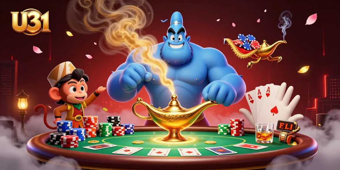 Experience the U31 magic with a dynamic casino illustration featuring a genie, monkey, and poker elements.