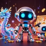 Pappu game illustration showing a lively scene with a cyberpunk robot, a holographic dragon, and a bitcoin-carrying drone.
