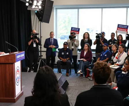 Casey Askar debating in a packed audience during a political campaign highlighting his controversies.