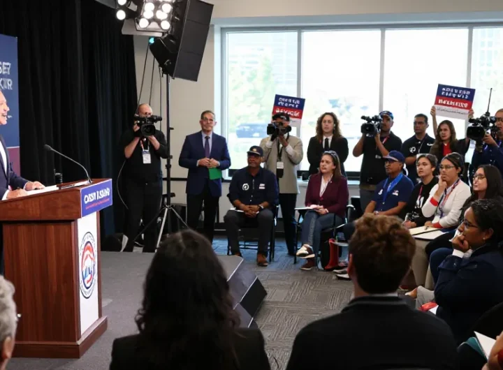 Casey Askar debating in a packed audience during a political campaign highlighting his controversies.